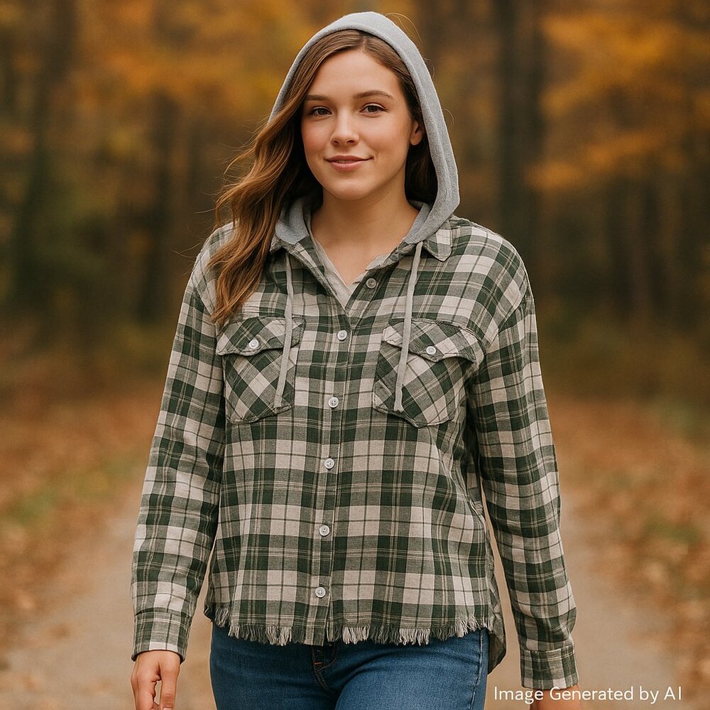 Plaid Flannel‎ Button Down Frayed Shacket w/ Hood Wool Blend Fall Layering